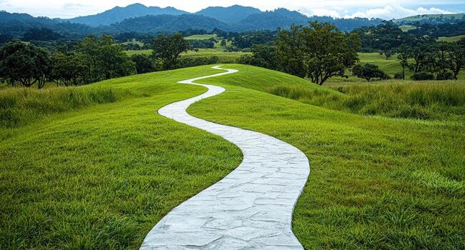 Abstract depiction of a winding walking path through a gentle landscape, suggesting continuous movement